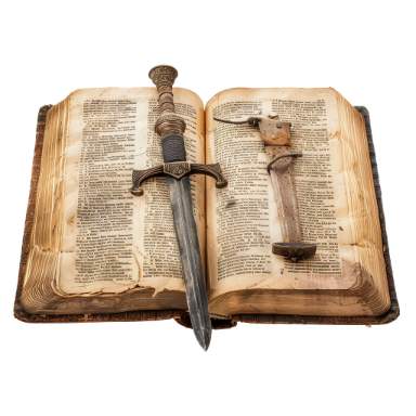 Open ancient book with sword